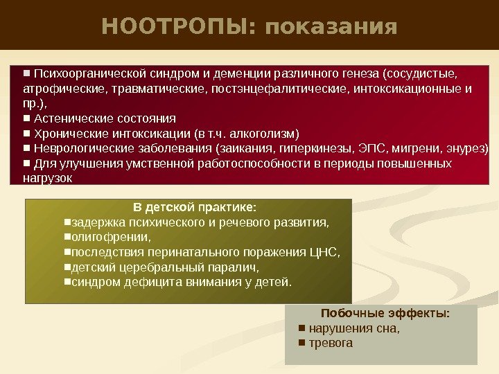 НООТРОПЫ: показания ■  Психоорганической синдром и деменции различного генеза (сосудистые,  атрофические, травматические,