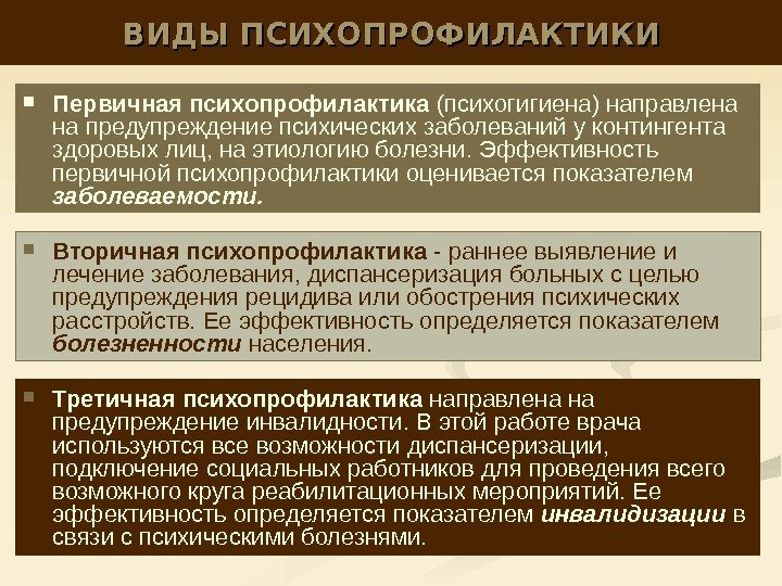 ВИДЫ ПСИХОПРОФИЛАКТИКИ Третичная психопрофилактика направлена на предупреждение инвалидности. В этой работе врача используются все