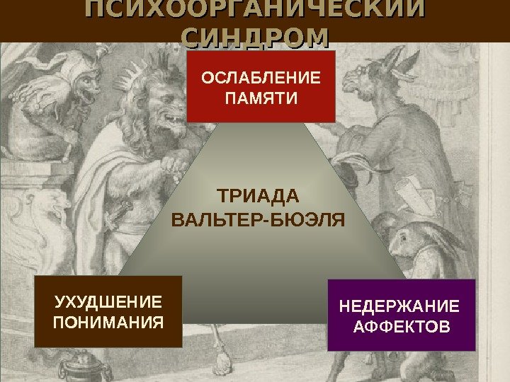 ПСИХООРГАНИЧЕСКИЙ СИНДРОМ ТРИАДА ВАЛЬТЕР-БЮЭЛЯ УХУДШЕНИЕ ПОНИМАНИЯ ОСЛАБЛЕНИЕ ПАМЯТИ НЕДЕРЖАНИЕ АФФЕКТОВ 