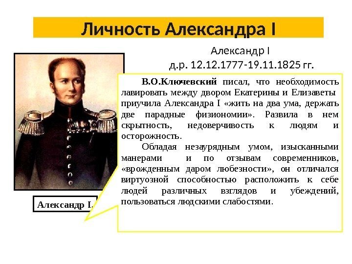 Личность Александра I Александр I  д. р. 12. 1777 -19. 11. 1825 гг.