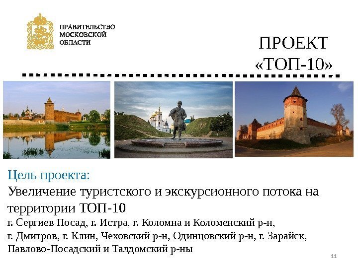 ПРОЕКТ  «ТОП-10» Цель проекта:  Увеличение туристского и экскурсионного потока на территории ТОП-10