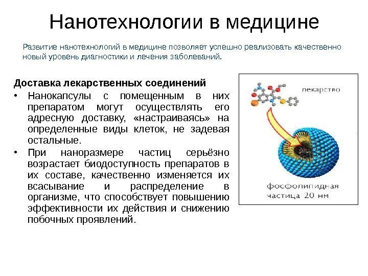 Нанотехнологии в медицине Доставка лекарственных соединений • Нанокапсулы с помещенным в них препаратом могут