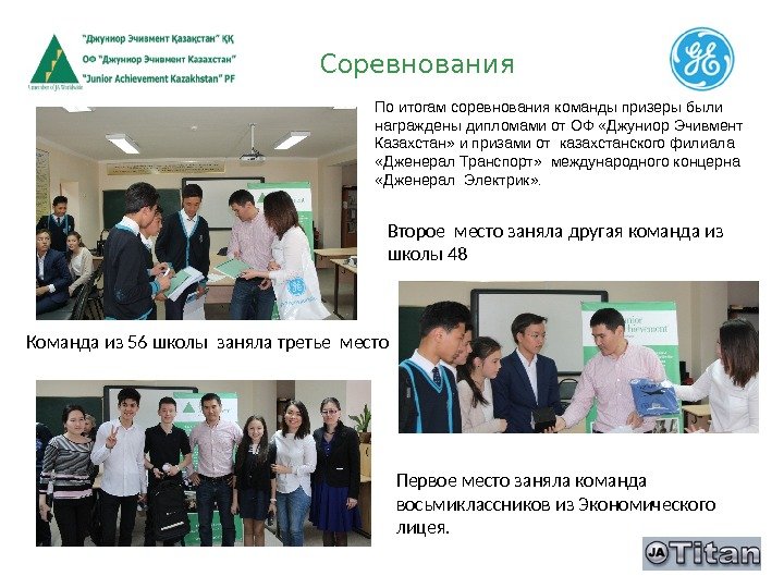 Соревнования По итогам соревнования команды призеры были награждены дипломами от ОФ «Джуниор Эчивмент Казахстан»