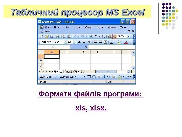   Табличний процесор MS Excel Формати файлів програми:  xls, xlsx. 