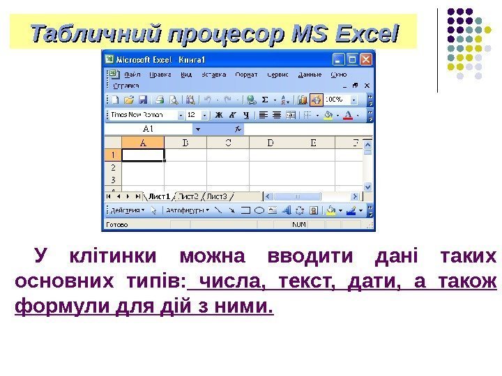   Табличний процесор MS Excel У клітинки можна вводити дані таких основних типів: