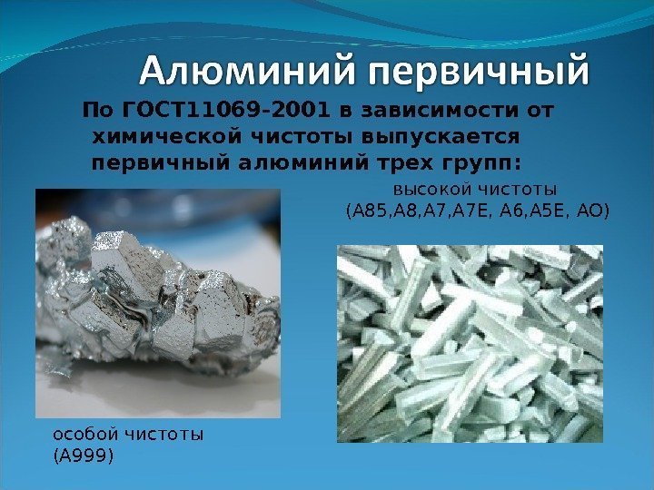  По ГОСТ 11069 -2001 в зависимости от химической чистоты выпускается первичный алюминий трех