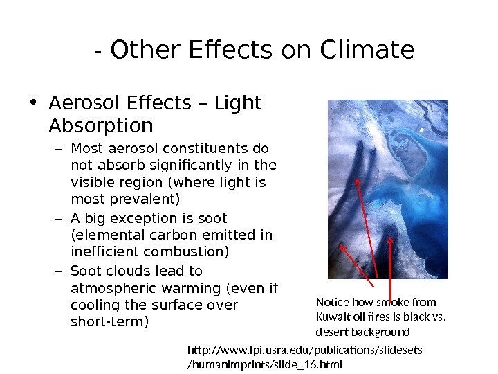  - Other Effects on Climate • Aerosol Effects – Light Absorption – Most