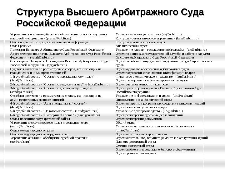 Структура Высшего Арбитражного Суда Российской Федерации Управление по взаимодействию с общественностью и средствами массовой