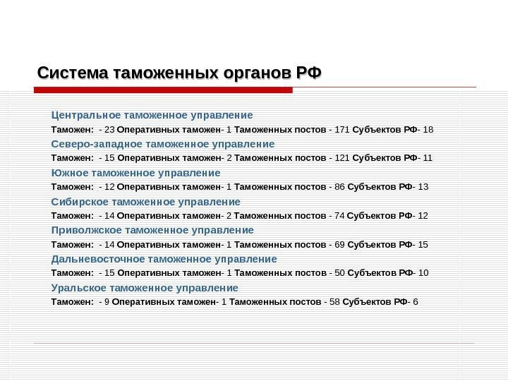Система таможенных органов РФ Центральное таможенное управление Таможен:  - 23 Оперативных таможен -