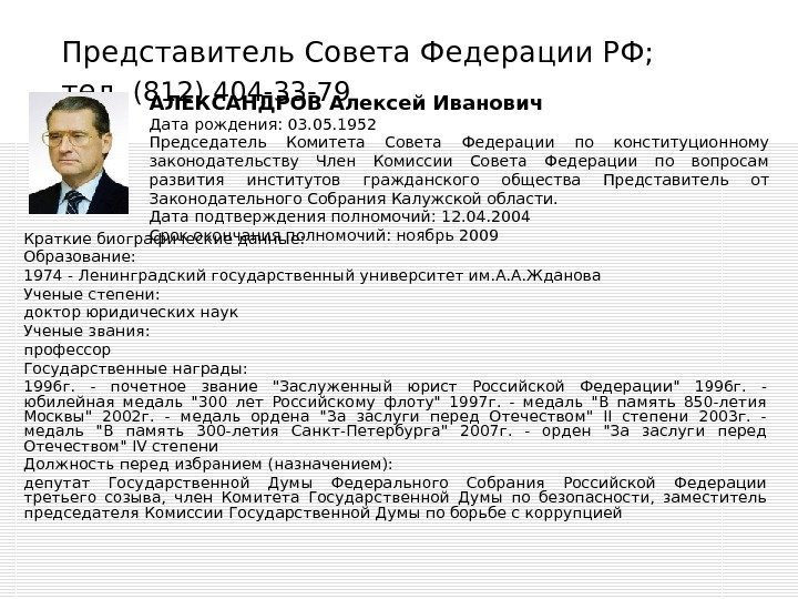 Представитель Совета Федерации РФ;  тел.  (812) 404 -33 -79  Краткие биографические