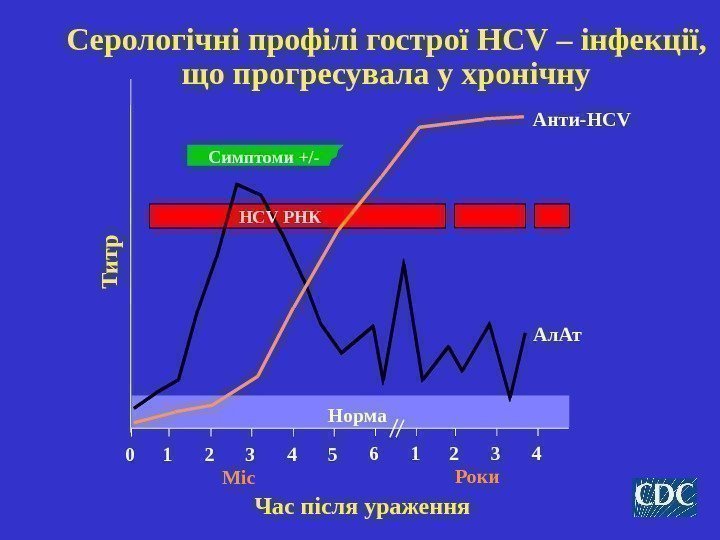 Серологічні профілі гострої HCV – інфекції,  що прогресувала у хронічну Симптоми +/- Час