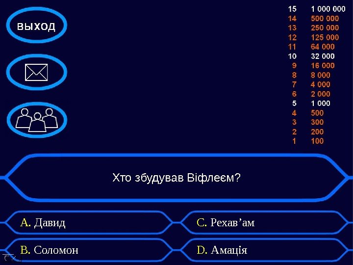 Хто збудував Віфлеєм? А.  Давид В.  Соломон С.  Рехав ’ ам