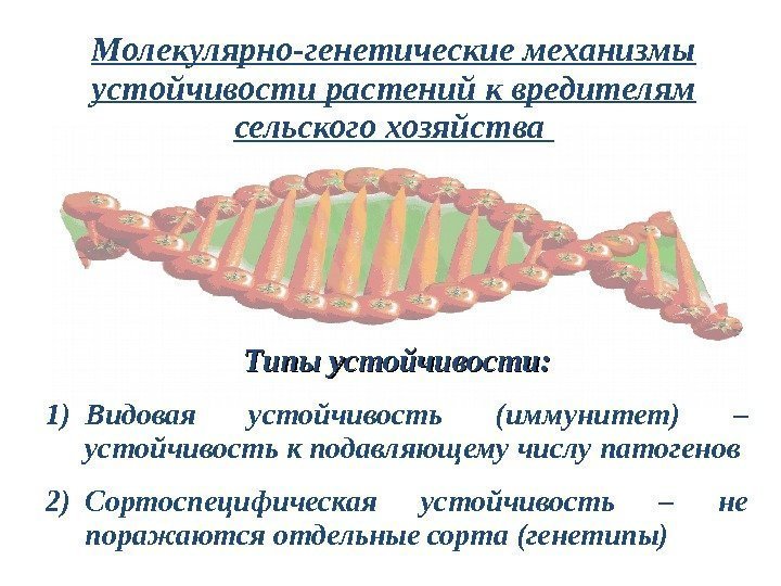 Молекулярно-генетические механизмы устойчивости растений к вредителям сельского хозяйства Типы устойчивости : : 1) Видовая