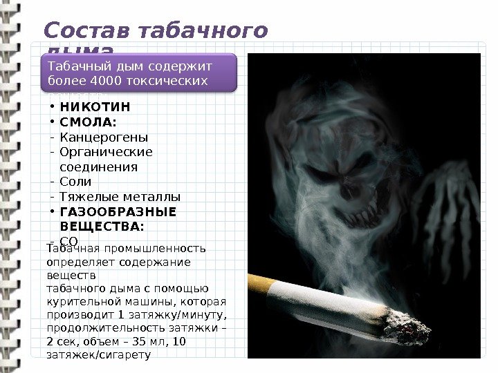 Состав табачного дыма Табачная промышленность определяет содержание веществ табачного дыма с помощью курительной машины,