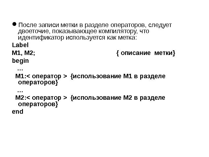  После записи метки в разделе операторов, следует двоеточие, показывающее компилятору, что идентификатор используется