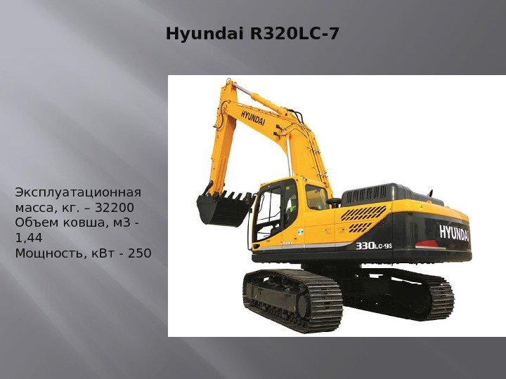 Hyundai R 320 LC-7 Эксплуатационная масса, кг. – 32200 Объем ковша, м 3 -