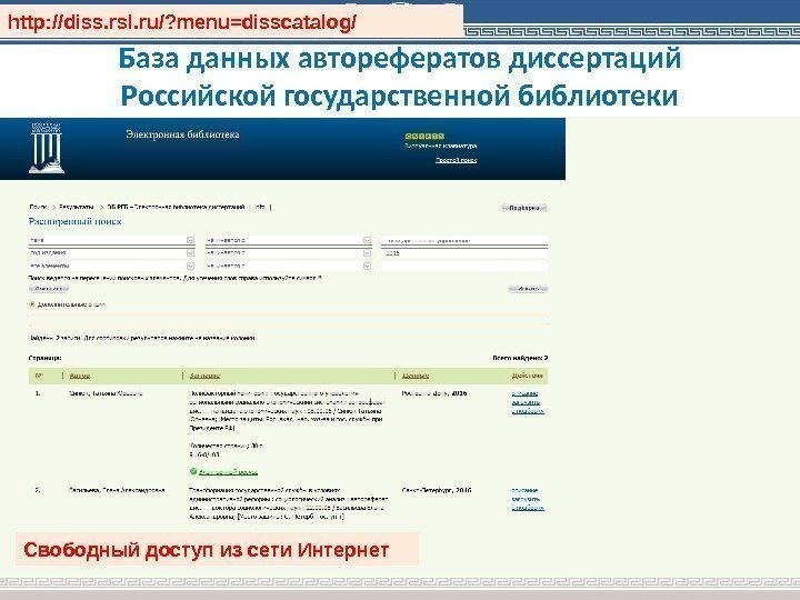 База данных авторефератов диссертаций Российской государственной библиотеки Свободный доступ из сети Интернет http: //diss.