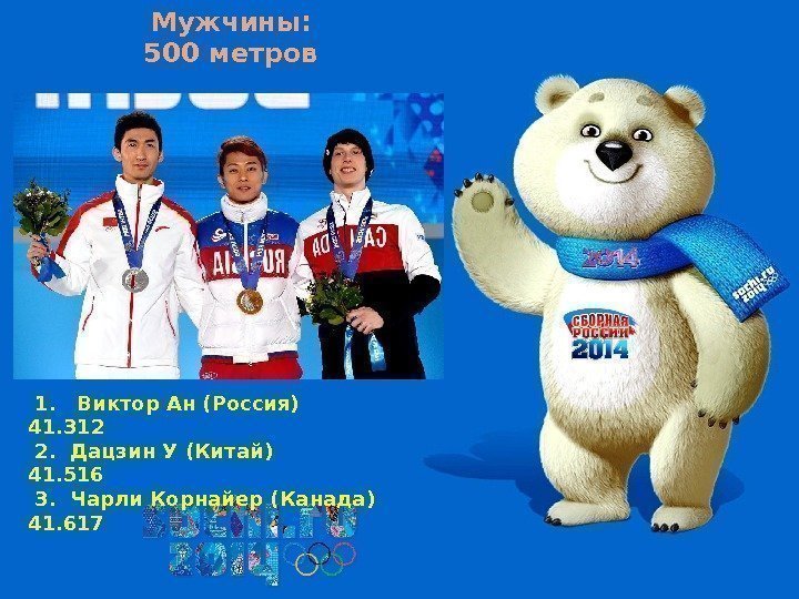 Мужчины: 500 метров  1.  Виктор Ан (Россия)    41. 312