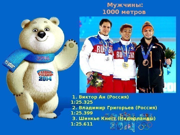 Мужчины: 1000 метров  1. Виктор Ан (Россия)     1: 25.
