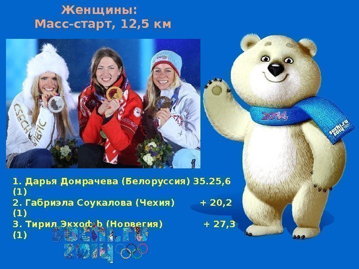 Женщины:  Масс-старт, 12, 5 км 1. Дарья Домрачева (Белоруссия) 35. 25, 6 (1)