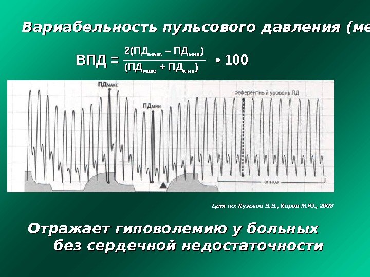 Вариабельность пульсового давления (менее 13) Цит по: Кузьков В. В. , Киров М. Ю.