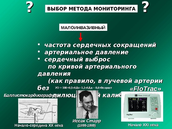 ВЫБОР МЕТОДА МОНИТОРИНГА ? ?  частота сердечных сокращений  артериальное давление  сердечный