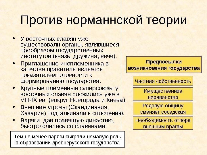 Против норманнской теории • У восточных славян уже существовали органы, являвшиеся прообразом государственных институтов
