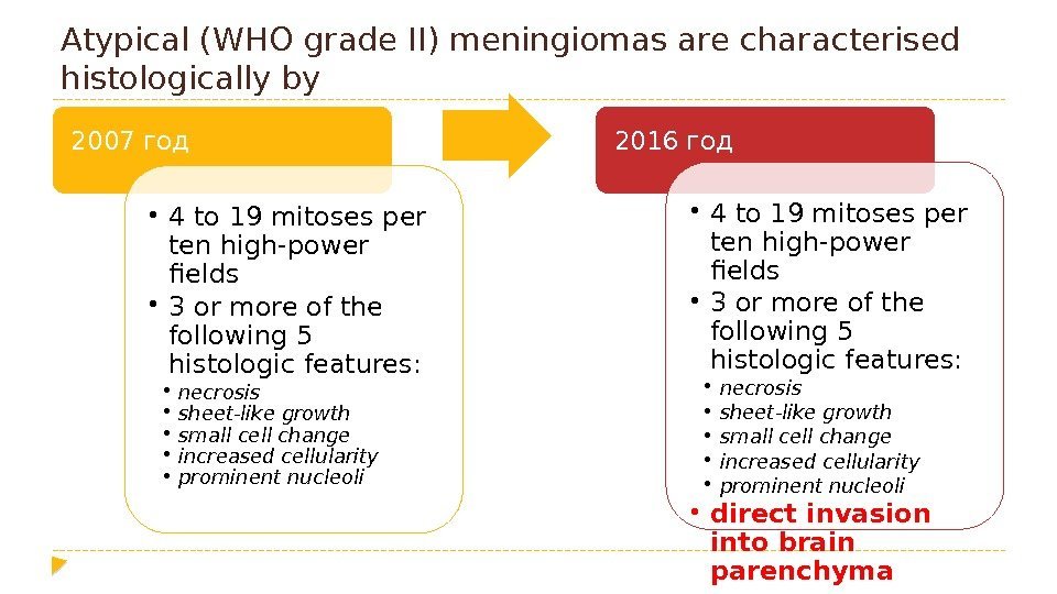 Atypical (WHO grade II) meningiomas are characterised histologically by 2007 год • 4 to