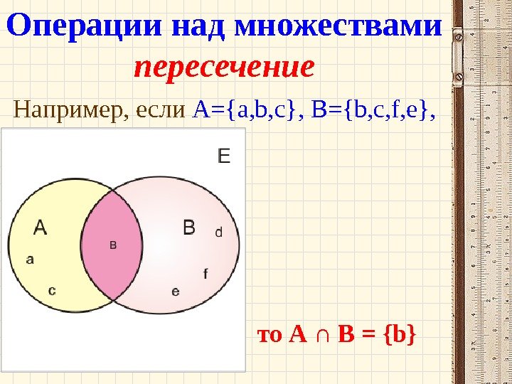 Например, если А={a, b, c}, B={b, c, f, e},  то А ∩ В