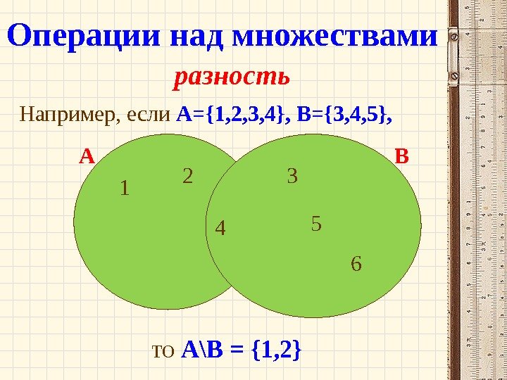 разность Например, если А={1, 2, 3, 4}, B={3, 4, 5},  то А\В =