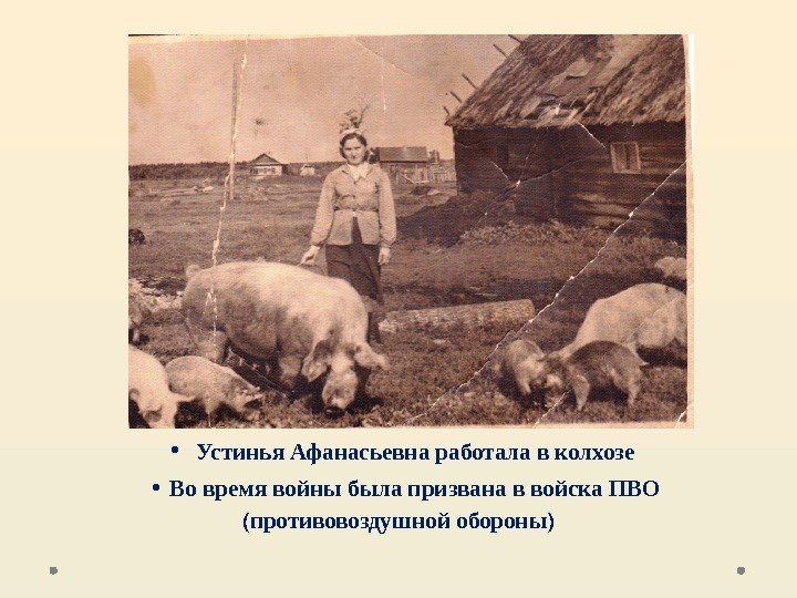  • Устинья Афанасьевна работала в колхозе • Во время войны была призвана в