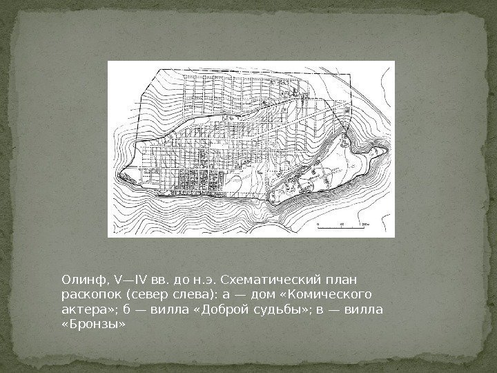 Олинф, V—IV вв. до н. э. Схематический план раскопок (север слева): а — дом