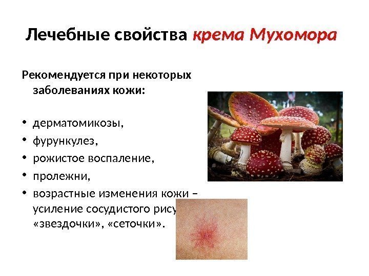 Лечебные свойства крема Мухомора Рекомендуется при некоторых заболеваниях кожи:  • дерматомикозы,  •