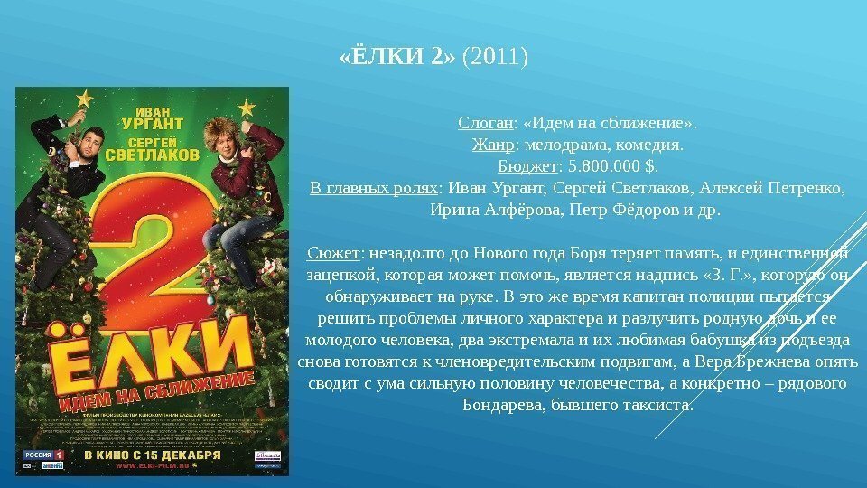  «ЁЛКИ 2»  (2011) Слоган :  «Идем на сближение» . Жанр :