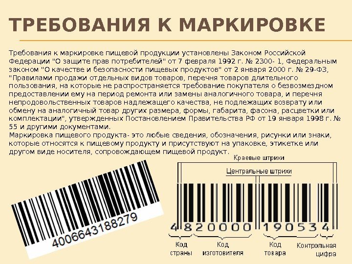 Требования к маркировке пищевой продукции установлены Законом Российской Федерации О защите прав потребителей от