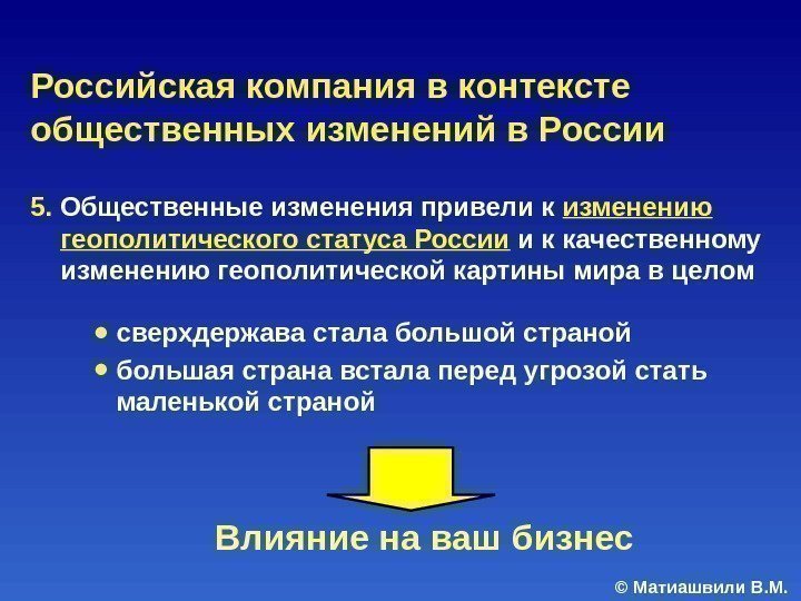 © Матиашвили В. М. 5. Общественные изменения привели к изменению геополитического статуса России 