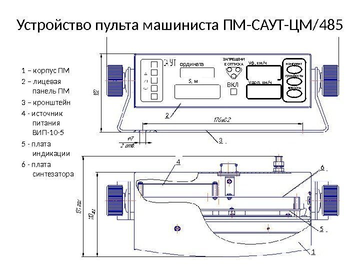 Устройство пульта машиниста ПМ-САУТ-ЦМ/485 1 – корпус ПМ 2 – лицевая панель ПМ 3