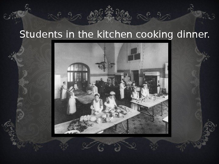 Students in the kitchen cooking dinner.  