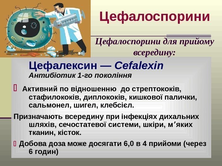 Цефалоспорини Цефалексин — Cefalexin Антибіотик 1 -го покоління Активний по відношенню до стрептококів, 