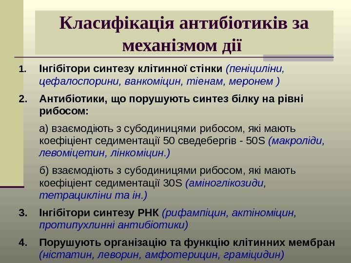 Класифікація антибіотиків за механізмом дії  1. Інгібітори синтезу клітинної стінки  (пеніциліни, 