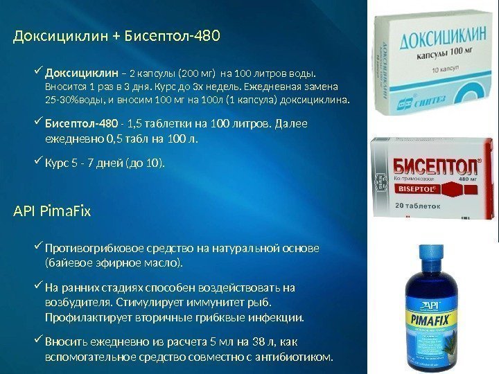 Доксициклин + Бисептол-480 Доксициклин – 2 капсулы (200 мг) на 100 литров воды. 