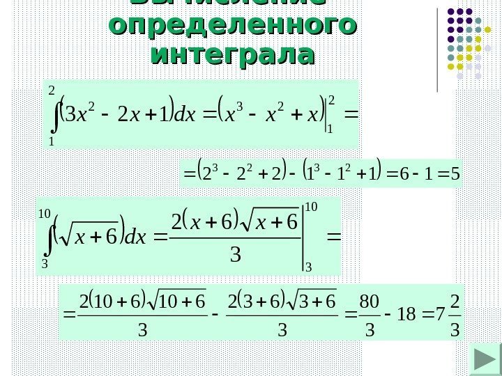 Вычисление определенного интеграла 516111222 2323  10 33 662 6 xx dxx  2