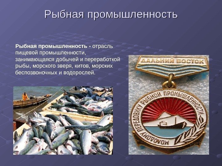   Рыбная промышленность - отрасль пищевой промышленности,  занимающаяся добычей и переработкой рыбы,