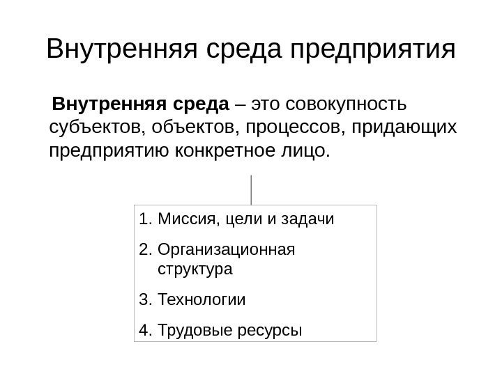 Внутренняя среда предприятия Внутренняя среда – это совокупность субъектов, объектов, процессов, придающих предприятию конкретное