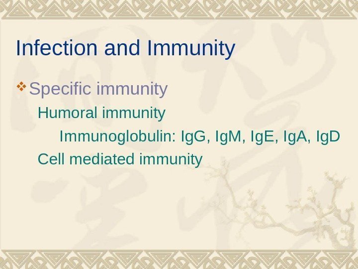 Infection and Immunity Specific immunity  Humoral immunity  Immunoglobulin: Ig. G, Ig. M,