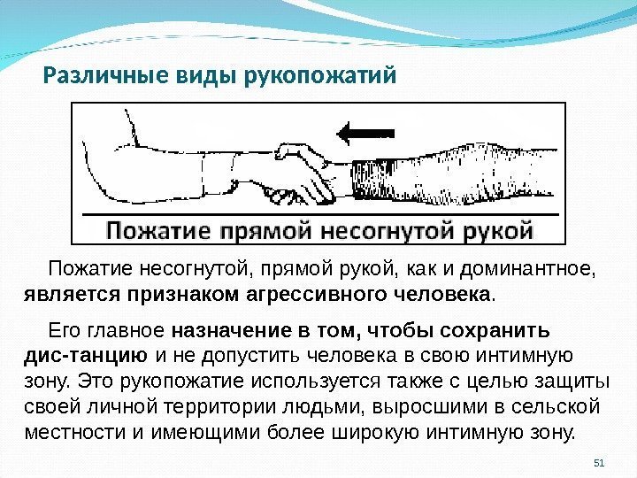 Различные виды рукопожатий 51 Пожатие несогнутой, прямой рукой, как и доминантное,  является признаком