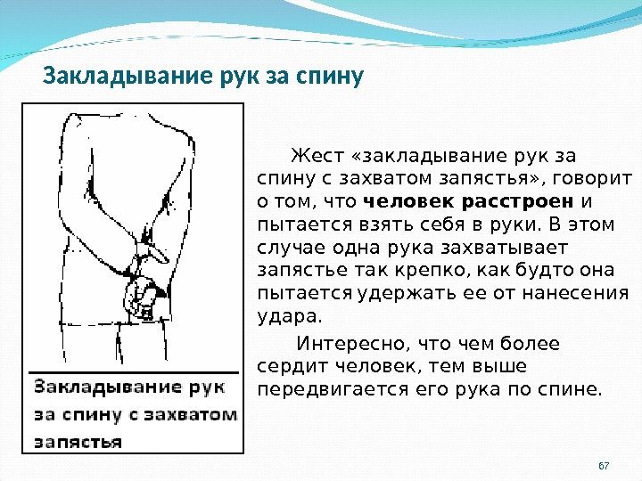 Закладывание рук за спину   Жест «закладывание рук за спину с захватом запястья»