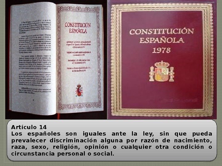 Artículo 14 Los españoles son iguales ante la ley,  sin que pueda prevalecer