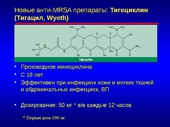 Новые анти-MRSA препараты:  Тигециклин (Тигацил, Wyeth) • Производное миноциклина • С 18 лет