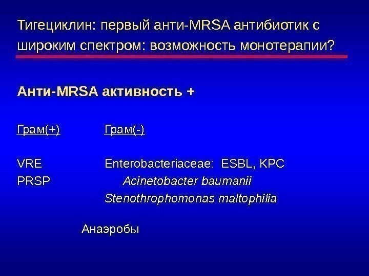 Тигециклин: первый анти-MRSA антибиотик с широким спектром: возможность монотерапии? Анти-MRSA активность + Грам(+) Грам(-)